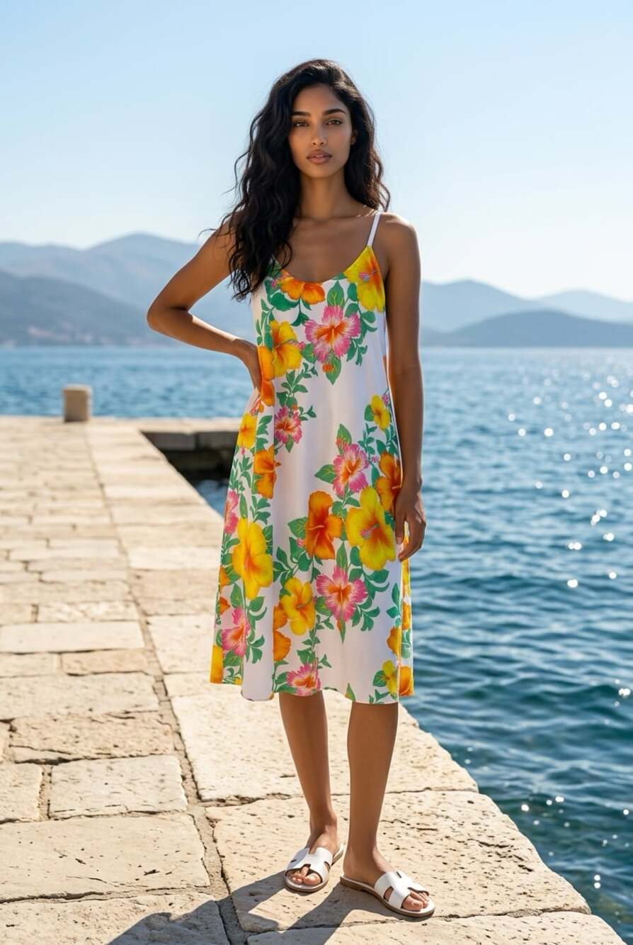 Rima Beachworld Hibiscus Floral Print Tropical Midi Slip Dress